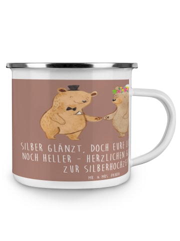 Mr. & Mrs. Panda Camping Emaille Tasse 25. Hochzeitstag Silberne... in Braun Pastell