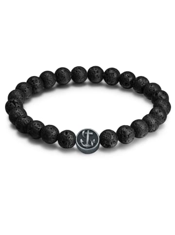 True Rebels Armband Anker aus Edelstahl mit Lavastein in schwarz