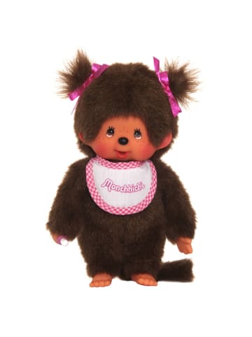 Monchhichi Mädchen mit Zöpfen | 20 cm | Monchhichi Puppe | 2 Zöpfe und Lätzchen