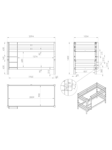 58 aufm Kessel ETAGENBETT Karolina 210x140x105 aus Massivholz in Weiß