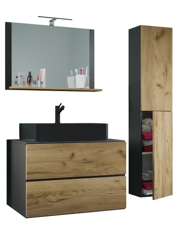 VCM 4-tlg Waschtisch Badmöbel Lendas 80 cm L Schublade in Anthrazit / Honig-Eiche