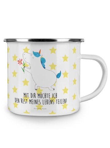 Mr. & Mrs. Panda Camping Emaille Tasse Einhorn Blume mit Spruch in Weiß