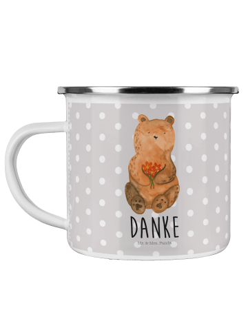 Mr. & Mrs. Panda Camping Emaille Tasse Bär Dankbar mit Spruch in Grau Pastell