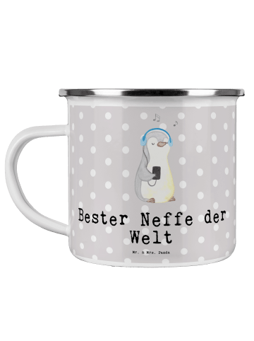 Mr. & Mrs. Panda Camping Emaille Tasse Pinguin Bester Neffe der ... in Grau Pastell