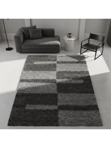 KADIMA DESIGN Teppich Hochflor Shaggy Waschbar Karo WERFEN Strapazierfähig in Grau