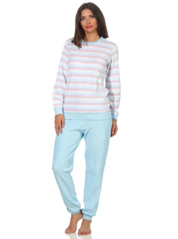 NORMANN Frottee Schlafanzug Bündchen Pyjama Streifen - 51764 in hellblau