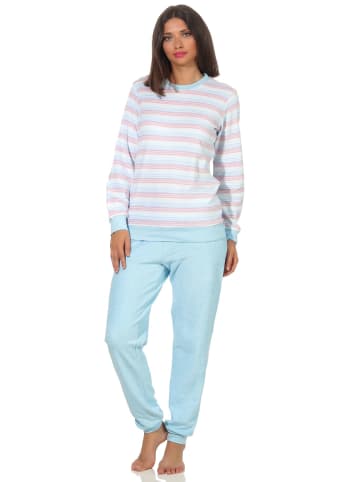 NORMANN Frottee Schlafanzug Bündchen Pyjama Streifen in hellblau