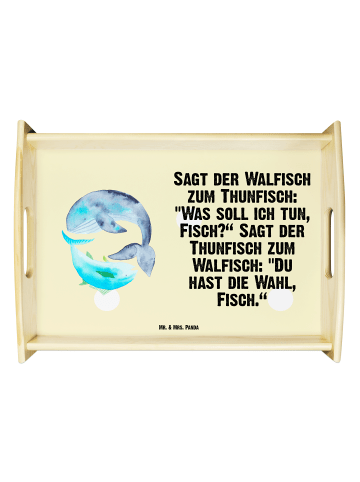 Mr. & Mrs. Panda Servierplatte Walfisch Thunfisch mit Spruch in Gelb Pastell