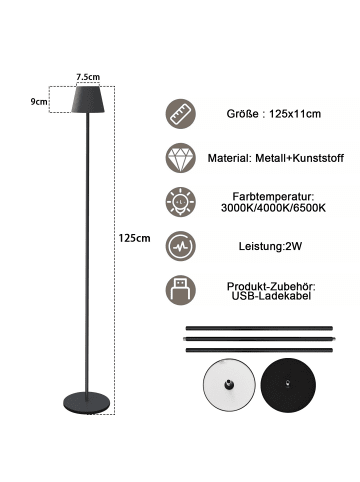 ZMH Stehlampe 125cm in schwarz 3000-6500K dimmbar 2W
