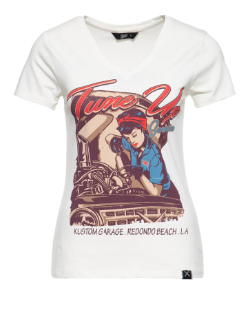 Queen Kerosin Queen Kerosin Kurzarm Print T-Shirt mit trendigem V-Ausschnitt Tune Up in offwhite