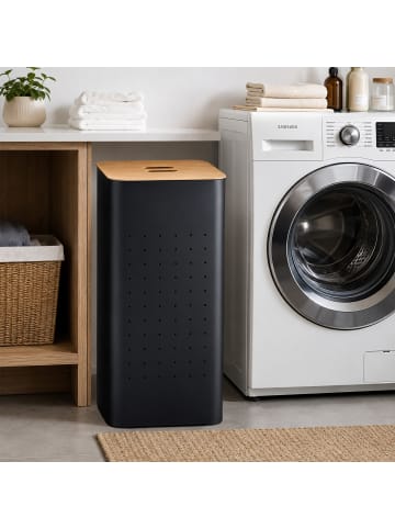 relaxdays Wäschekorb in Schwarz/ Natur - 70 l