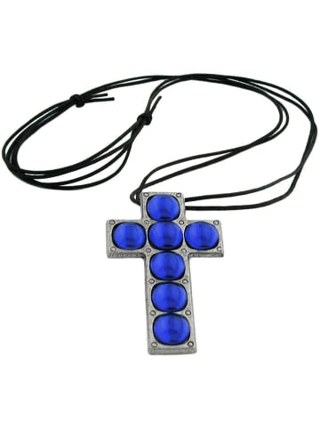 Gallay Kette 69x42mm Zinn-Anhänger Kreuz mit 7x Glasstein blau-safir 110cm in blau