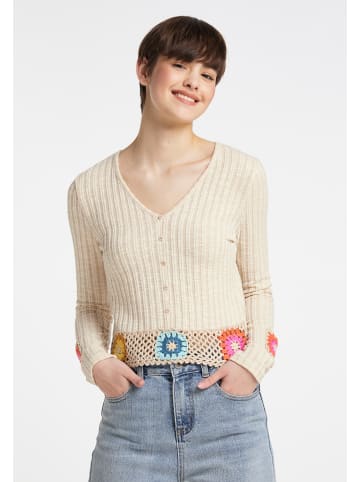 myMo Damen Pullover Mit Gehäkeltem Bund in Hellbeige