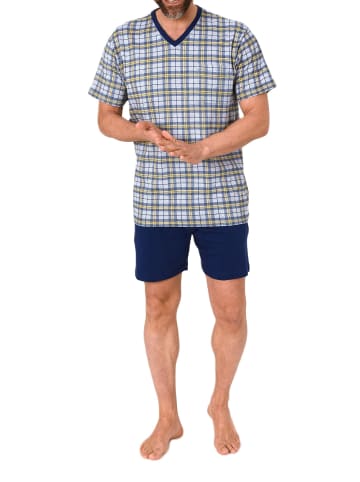 NORMANN Kurzarm Schlafanzug Shorty Jersey und karierten Pyjama Oberteil in grau