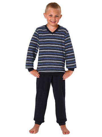 NORMANN Frottee Pyjama lang Schlafanzug Bündchen und Ringeln - 65520 in marine