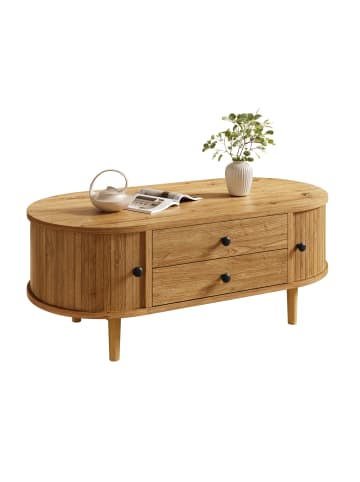 ABRIHOME Couchtisch in Holzfarbe oval mit Schiebetüren 2 Schubladen