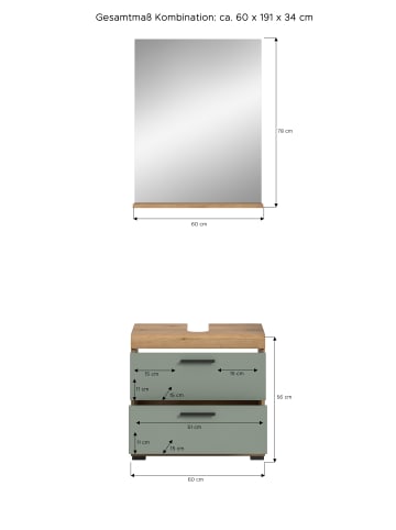 xonox.home Badkombination in Artisan Eiche/Salbei - (B) 60 x (H) 191 x (T) 37