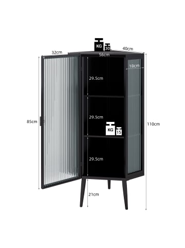 ABRIHOME Eckschrank in Schwarz 110 cm mit 3 Glastüren und Ablageböden