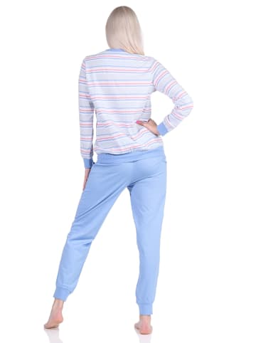 NORMANN Schlafanzug langarm Pyjama Bündchen Streifen in hellblau
