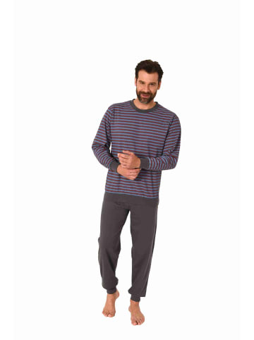 NORMANN Schlafanzug langarm Pyjama Bündchen Streifen in dunkelgrau