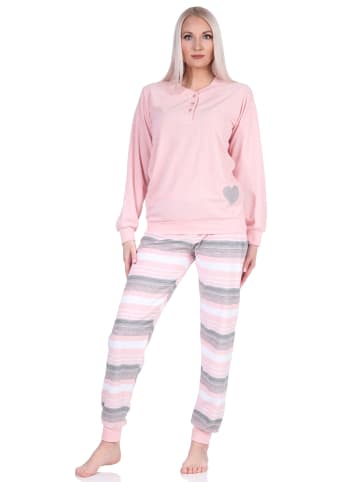 NORMANN Frottee langarm Pyjama Bündchen und und gestreifter Hose in rosa