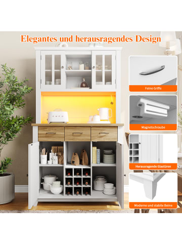 ABRIHOME 180cm Küchenschrank Buffetschrank mit LED-Beleuchtung in Weiß/Holzfarbene