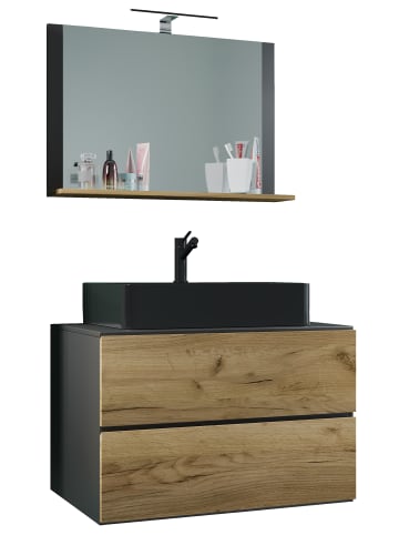 VCM  3-tlg Waschtisch Badmöbel Lendas 80 cm M Schublade in Anthrazit / Honig-Eiche