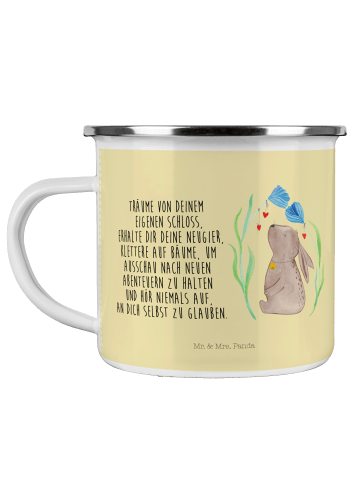 Mr. & Mrs. Panda Camping Emaille Tasse Hase Blume mit Spruch in Gelb Pastell