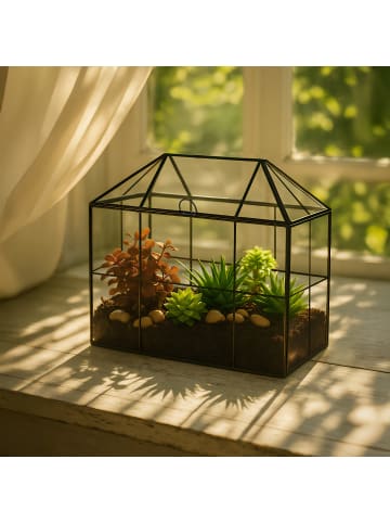 relaxdays Pflanzenterrarium "Haus" in Schwarz - (B)30 x (H)27 x (T)15 cm
