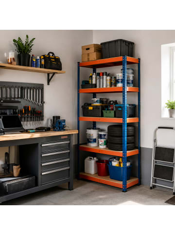 relaxdays Schwerlastregal "5 Ebenen" in Blau/ Orange - (B)60 x (H)180 x (T)30 cm