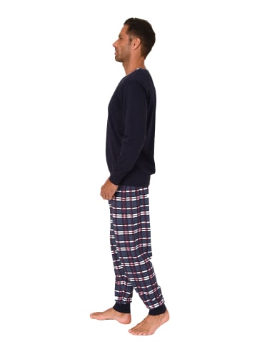 NORMANN langarm Schlafanzug Pyjama Bündchen und karierter Jersey Hose in navy