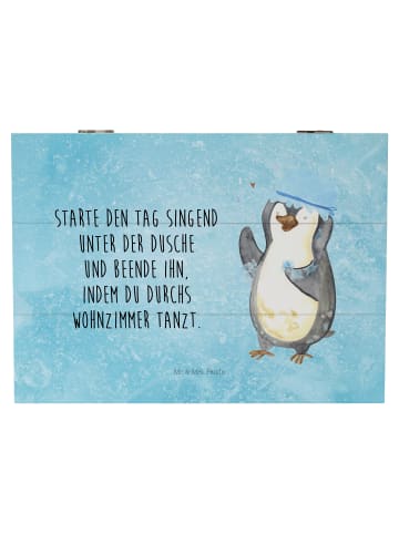 Mr. & Mrs. Panda Holzkiste Pinguin Duschen mit Spruch in Eisblau