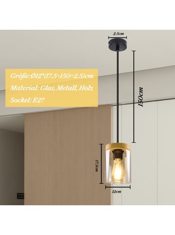 ZMH Pendelleuchte in schwarz 1-flammige E27 Glas und Holz vintage rund