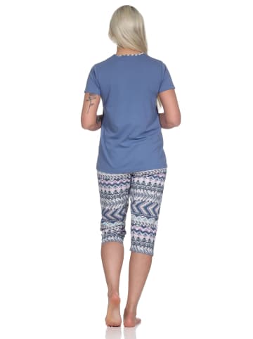 NORMANN kurzarm Schlafanzug Pyjama Caprihose Ethnolook in blau