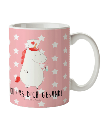 Mr. & Mrs. Panda Kindertasse Einhorn Krankenschwester mit Spruch in Rot Pastell