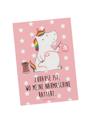 Mr. & Mrs. Panda Postkarte Einhorn Näherin mit Spruch in Rot Pastell