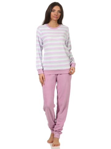 NORMANN Frottee Schlafanzug Bündchen Pyjama Streifen in lila