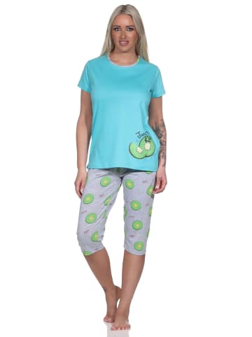 NORMANN Schlafanzug kurzarm Pyjama Capri Pyjamahose Kiwi print - 86378 in türkis