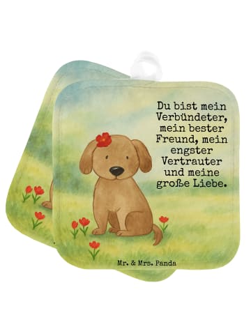 Mr. & Mrs. Panda 2er Set Topflappen  Hund Dame Design mit Spruch in Weiß