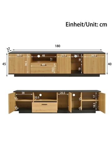 ABRIHOME LED TV-Schrank in Schwarz-Holzoptik mit Schublade, 3 Türen & offenen Fächern