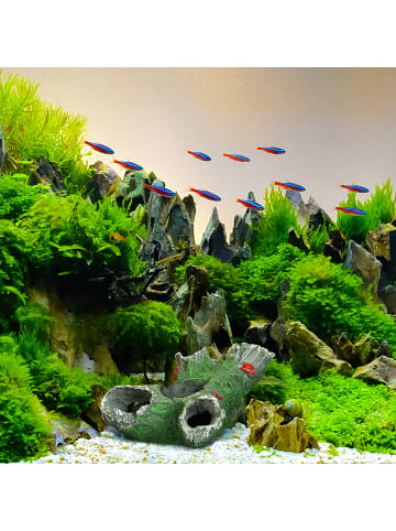 relaxdays Aquarium Deko "Baumstamm" in Grau/ Grün - (B)15 x (H)6,5 x (T)10 cm