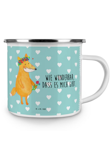 Mr. & Mrs. Panda Camping Emaille Tasse Fuchs Blumen mit Spruch in Türkis Pastell