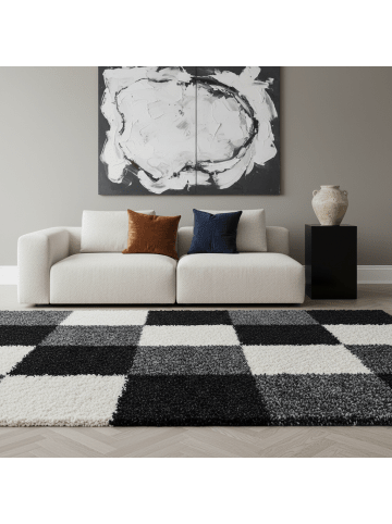 KADIMA DESIGN Teppich Hochflor Shaggy Waschbar Karo RHEIN Strapazierfähig in Schwarz