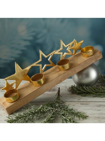MARELIDA Teelichthalter mit goldenen Sternen Kerzenständer L: 38cm in natur, gold