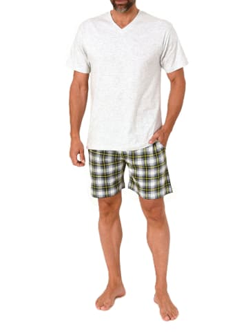 NORMANN Schlafanzug kurzarm Shorty mit karierter Jersey Hose in grau-mel.
