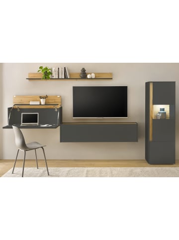 Furn.Design Wohnwand grau matt, Eiche Wotan 320 cm, Wohnkombination mit Sekretär