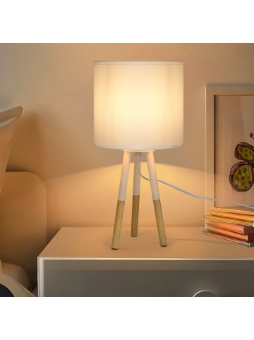 ZMH Tischleuchte E27 in Holz und Stoff Landhausstil