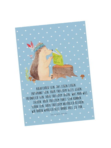 Mr. & Mrs. Panda Postkarte Igel Federschmuck mit Spruch in Blau Pastell