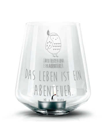 Mr. & Mrs. Panda Glas Windlicht Eule Federschmuck mit Spruch in Transparent