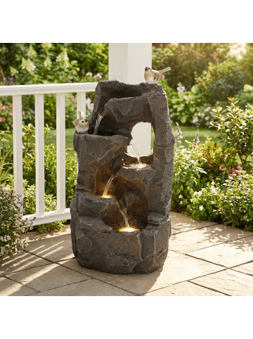 ABRIHOME LED Gartenbrunnen in Steingrau mit Vogelfiguren 25,5x19x47 cm für Garten